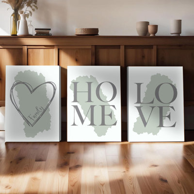 Ensemble de 3 affiches encadrées « Famille, Cœur, Maison, Amour », style minimaliste gris et blanc, idéal pour le salon et la chambre, décoration intérieure de style ferme moderne, prêt à accrocher, cadeau de pendaison de crémaillère.