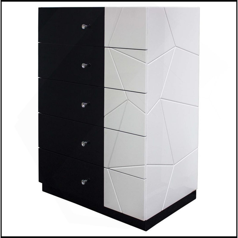 Unité de rangement moderne à 5 tiroirs avec commode en bois laqué moderne, organisateur de vêtements, motif géométrique et poignée en cristal, noir / blanc