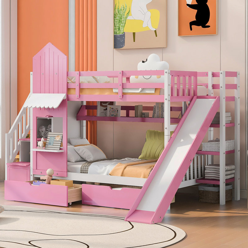 Lit superposé simple au-dessus d'un lit simple de style château avec 2 tiroirs, 3 tablettes et glissières - Rose (OLD SKU: LT000559AAH-1)