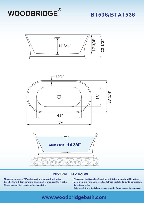 Bañera acrílica independiente de 59'' x 29,75''