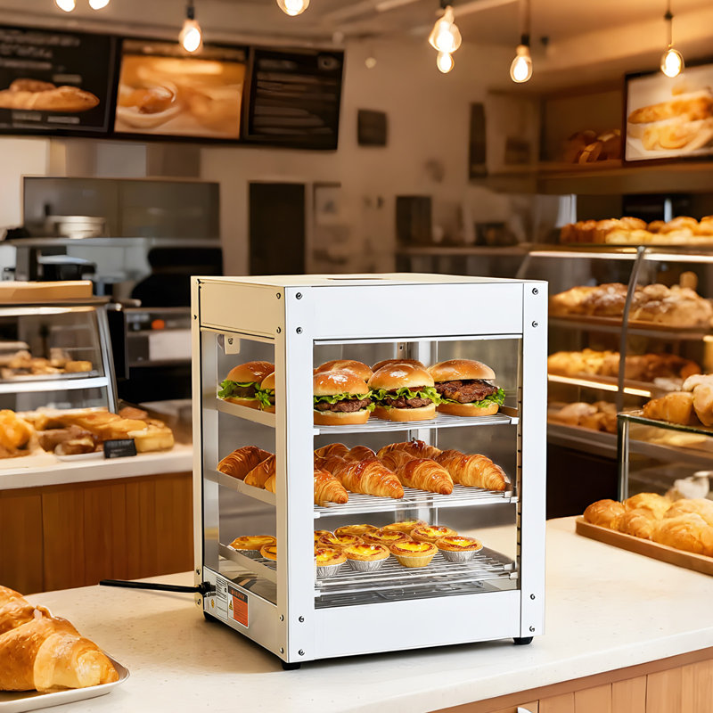 Réchaud commercial à 3 niveaux, présentoir 800 W avec lumière DEL, tablette réglable et cadre en acier inoxydable, chauffage à air chaud 86 185 185 ℉, 34 L pour hamburger, pizza, pain, poulet frit