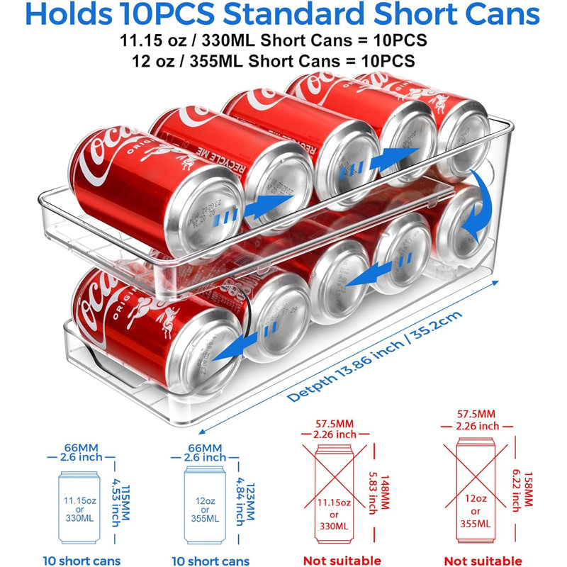 Rolling Soda Can Organizer for Refrigerator Can Dispenser for Fridge Beer Soda Seltzer Pop Can Soda Organizer for 10 Standard Size 11.15oz or 12oz Cans Holder Storage Pantry Organization