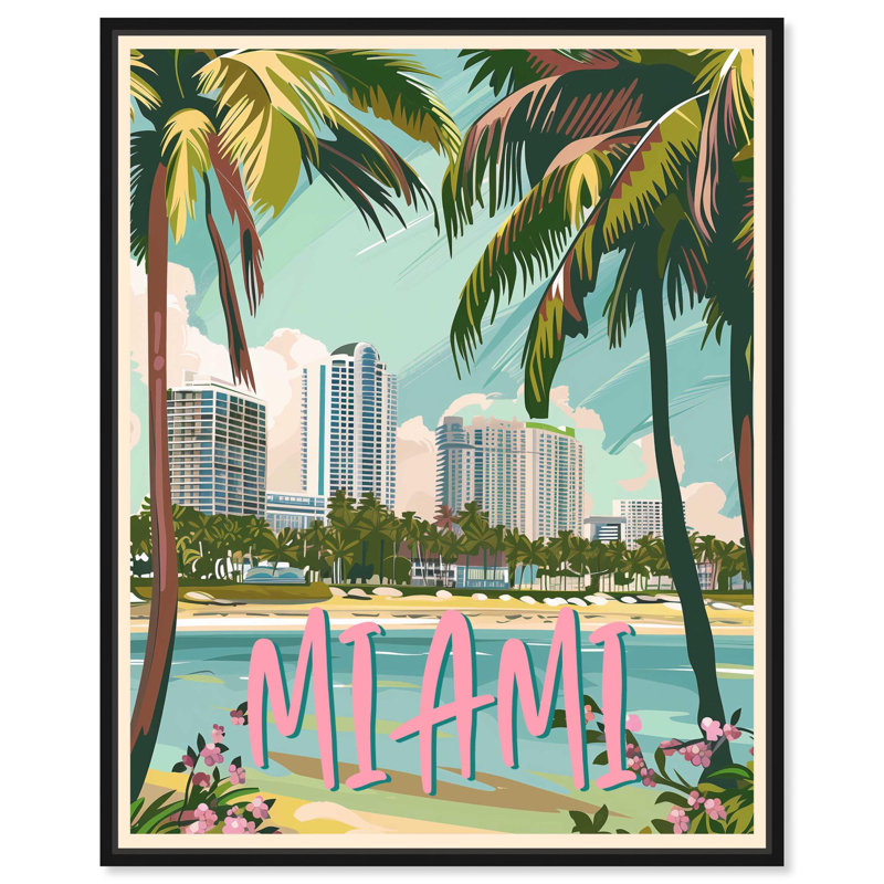 Miami Beach, carte postale, art côtier par Art Remedy, H 31 po x l 25 po x P 1,8 po, Cadre noir
