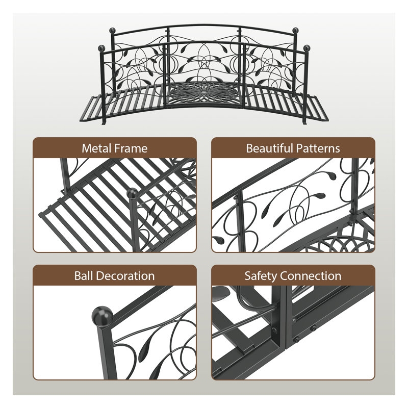 Pont de jardin en métal Kinfant 6 pi - avec rampes à motif de vignes et motifs sculptés circulaires exquis, pont en arche décoratif pour ruisseau Backyard, ruisseau, étang, assemblage facile, noir