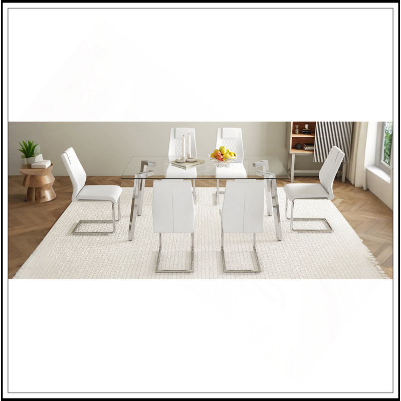 Sophisticated Dining Set With Stylish Table And Comfortable Chairs, White/Silver