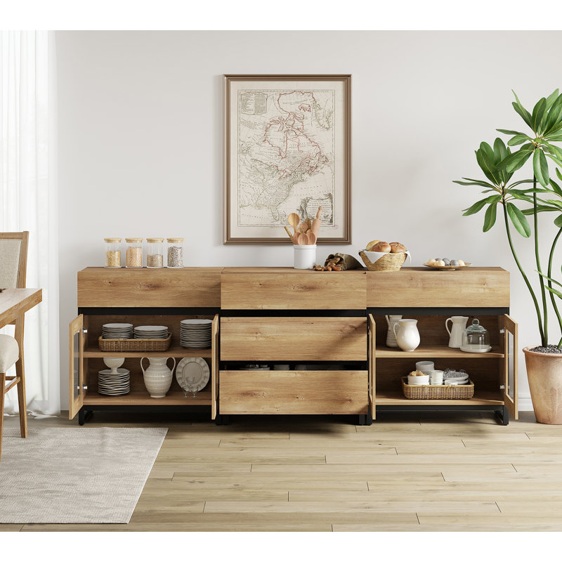 3 In 1 Multifunctional Sideboard Buffet Cabinets With Glass Doors And 5 Drawers, Modern Sideboard Credenza With Adjustable Shelf And Metal Base, Coffee Bar Cabinet Storage Cabinet For Living Room, Kitchen