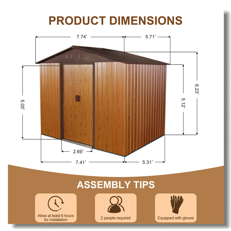 Remise de rangement extérieure en métal 8 pi x 6 pi avec base de plancher