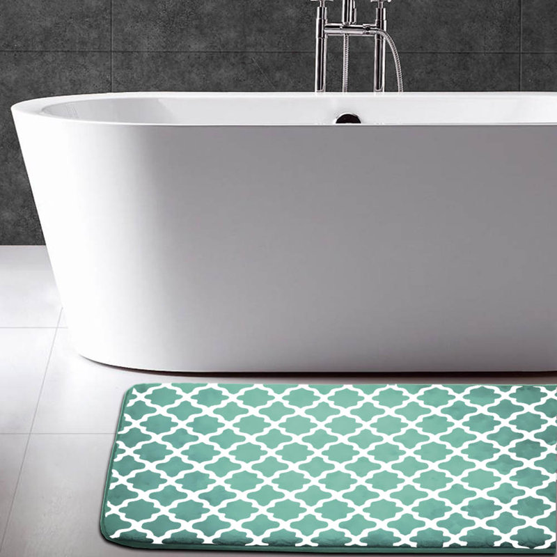 Tapis pour salle de bain en flanelle à mémoire de forme rectangulaire à motif géométrique imprimé Kalopsida, Vert