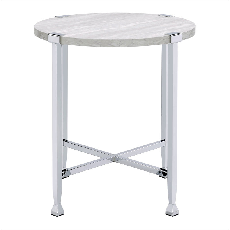 Table de bout en chêne blanc et chrome avec base en forme de X, Argenté / blanc