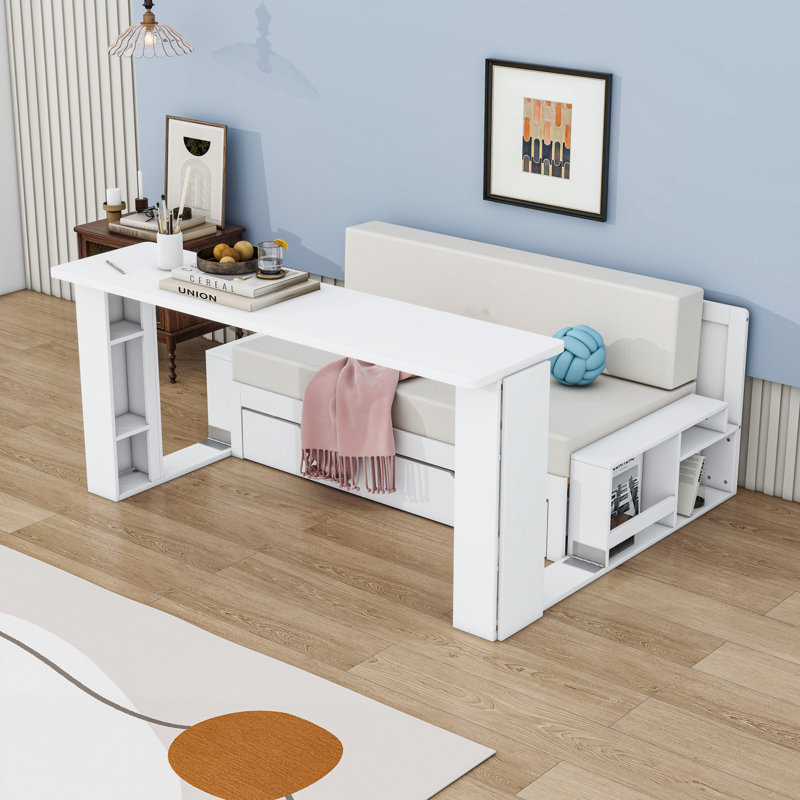Wooden Convertible Daybed with Built-in Desk and Drawer, Full/Double, White