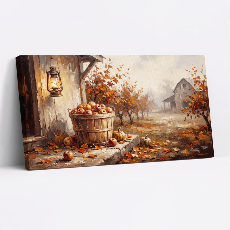 Panier de pommes rouges et de citrouilles - Tableau sur toile pour l'Halloween, L 58 po x H 28 po