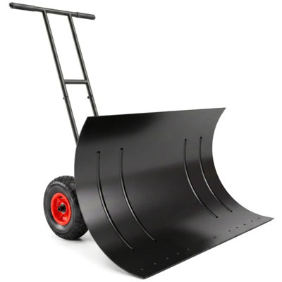 Black Wheeled Snow Pusher with 29.1 Inch Steel Blade and 7 Position Angle Adjustment, Ergonomic Adjustable Handle for Outdoor Driveway Snow Clearing