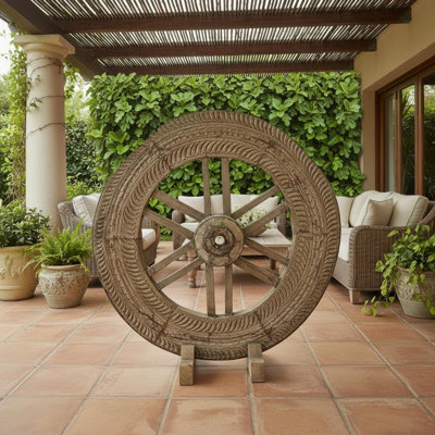 57 ", art mural de roue de chariot en teck indien antique, grande sculpture de jardin rustique