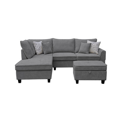 Harmony 99-Inch Gray Fabric Sectional Sofa With Left-Facing Chaise, Storage Ottoman, And 4 Throw Pillows