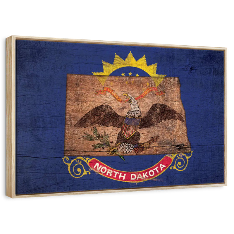 State Map Over North Dakota Flag, Floating Frame Natural Wood, 43" X 29"