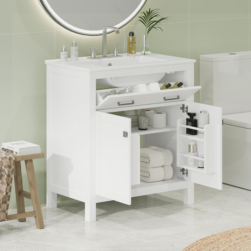 Meuble-lavabo de salle de bain avec lavabo en céramique, Blanc / Blanc