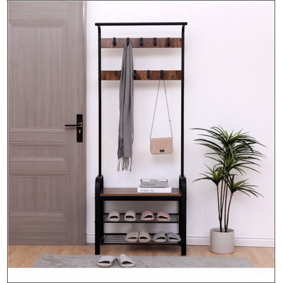 Coat Rack, Hall Tree with Shoe Bench for Entryway, Entryway Bench with Coat Rack, 4-in-1, with 9 Removable Hooks, a Hanging Rod, 15 x 28 x 71 Inches, Rustic Brown and