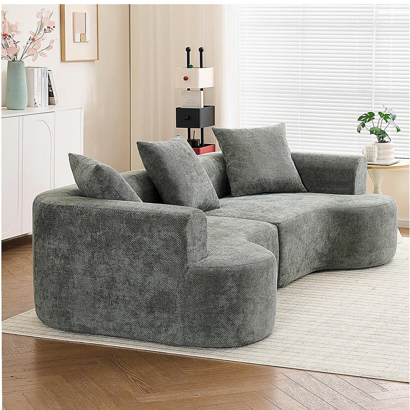 Canapé incurvé de style moderne, canapé en velours côtelé doux avec 3 coussins, canapé en tissu courbé ultra lisse en blanc laiteux