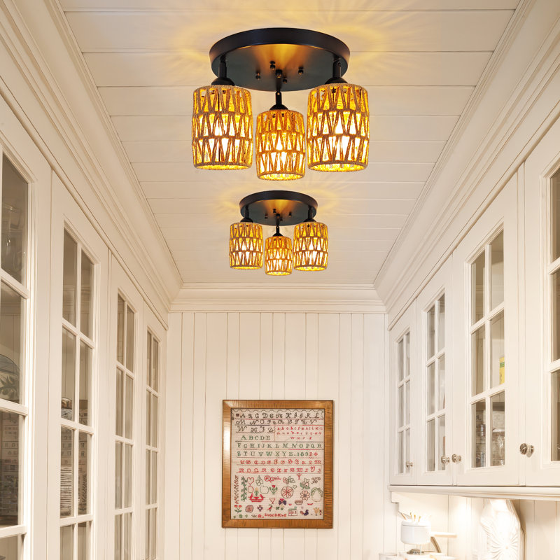 Boho 3-Light Farmhouse Rattan Ceiling Light Fixtures, 14" Flush Mount With Hand-Woven Shade