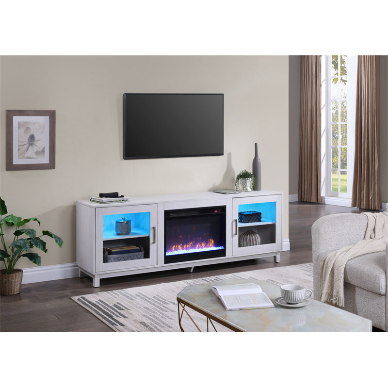 Console de meuble télé 70 po avec foyer et chauffage Sestrières, White/Walnut