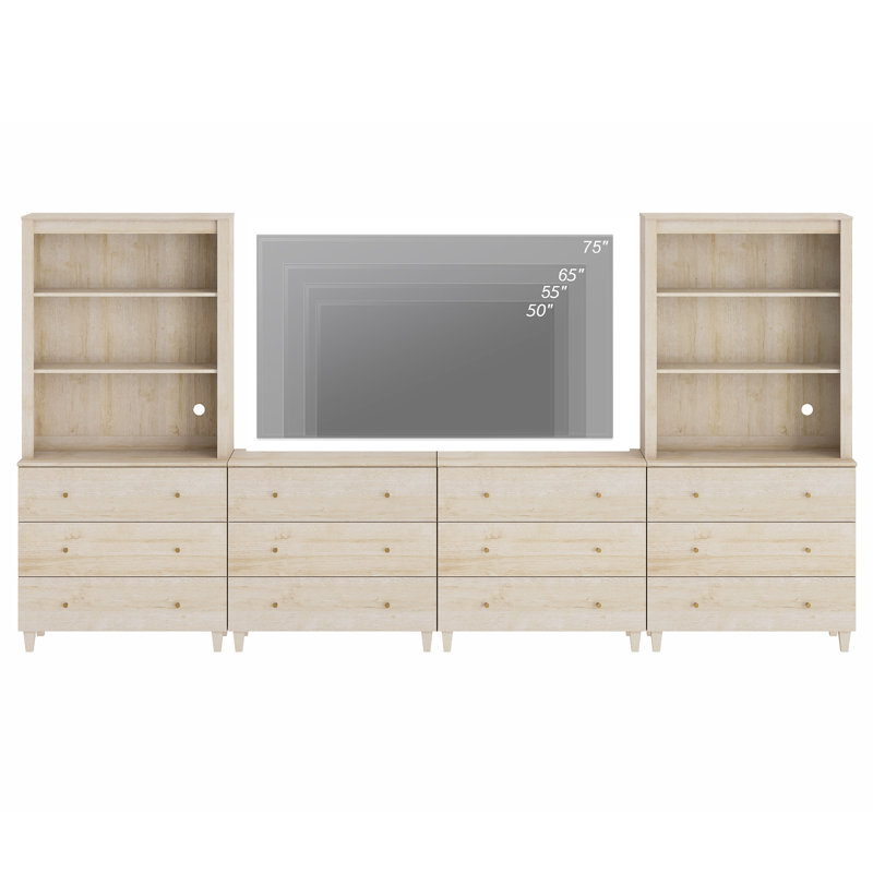 Entertainment Center And Bookshelves Set With Drawers For 75" Tvs, Beige
