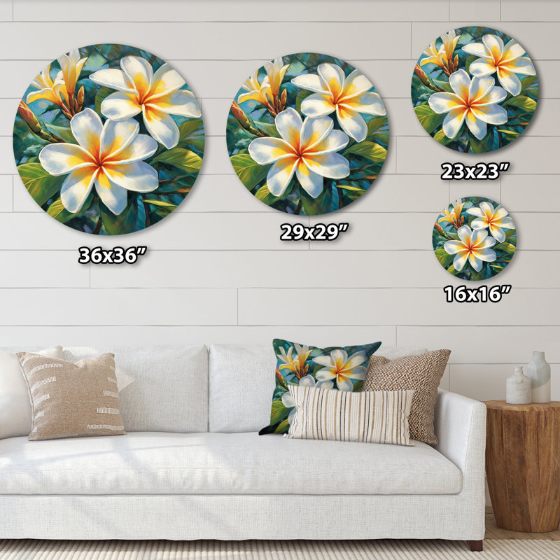 Plumeria blanc symphonie magique - art floral rond en métal, H 16 po x l 16 po