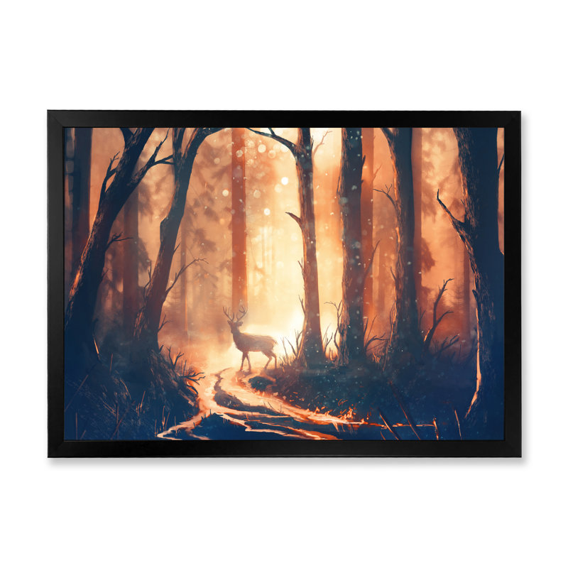 Cerf dans une forêt chaude surréelle - reproduction d'art sur toile traditionnelle, Cadre photo noir