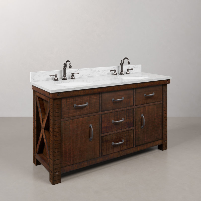 Meuble-lavabo de 60 po en terre de Sienne rustique avec robinet Aberdeen, Blanc de Carrare