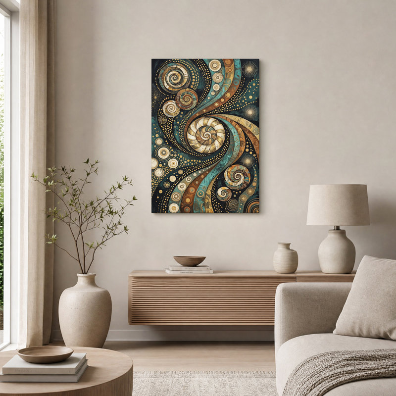 Toile murale à spirales tourbillonnantes turquoise et or, 48"H x 32"W
