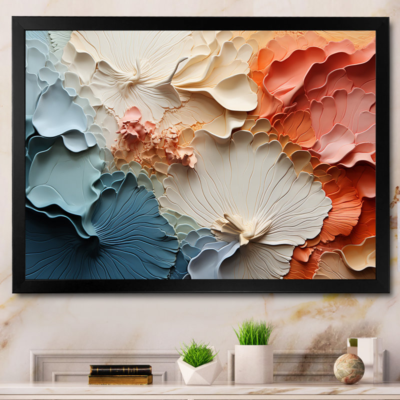 «Beige and Orange Custards Collage II», art mural abstrait pour le salon, Cadre simple noir, L 32 po x H 16 po x P 1 po