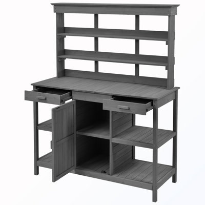 Banc d'extérieur en bois avec 2 tiroirs et tablettes ouvertes