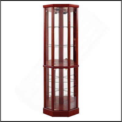 Gorgeous Wooden Curio Cabinet With Adjustable Glass Shelves And Mirrored Back, Perfect For Displaying Treasured Items.