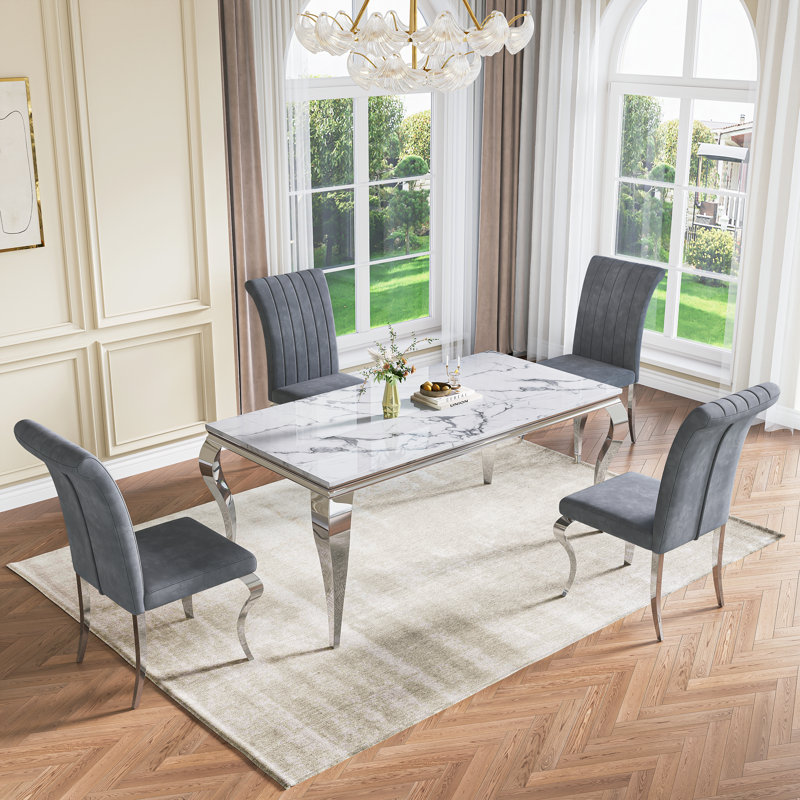 70" Large Rectangular Marble Dining Table, Elegant Faux Marble Kitchen Table With S-Shape Stainless Steel Legs, Luxury Dining Table