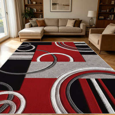 Tapis de salle à manger à motif géométrique de 1 cercle moderne et rectangulaire rouge, noir et gris pour le salon, doux et confortable, convenant à toutes les saisons, facile à entretenir et lavable à la machine