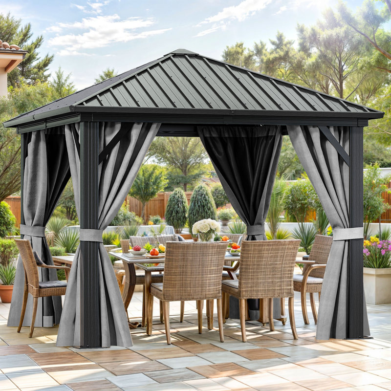 10x10ft Hardtop Gazebo with Nettings and Curtains,Heavy Duty Galvanized Steel Outdoor Vertical Stripes Roof for Patio, Backyard, Deck, and Lawns