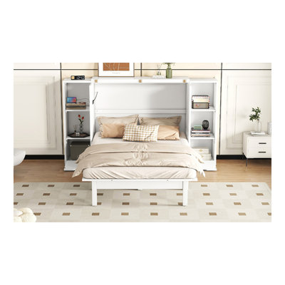 Queen Size Murphy Bed With Shelves, Drawers And USB Ports,White