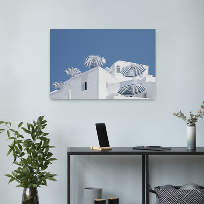 Blue Striped Umbrellas 1 Piece Wrapped Canvas Wall Art