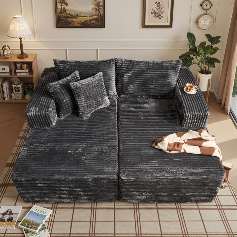 Vivelle Boneless 74.8" Oversized All-foam Double Chaise Lounge Sectional Sofa, Plush Corduroy Upholstered Cloud Couch Sleeper Loveseat, Comfy Floor-style Seating For Living Room Or Apartment
