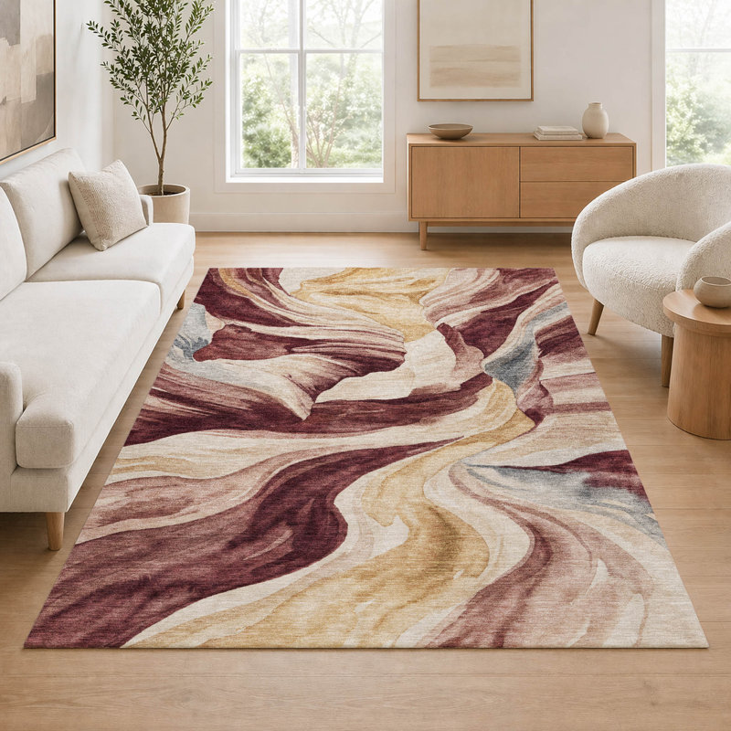 Tapis abstrait Ceajay ACN3087 lavable à la machine pour intérieur/extérieur, Bourgogne, 10 pi x 14 pi