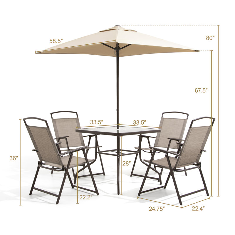 Ensemble de salle à manger en métal pour 4 personnes avec table carrée, chaises pliées et parasol Bendeguz, Beige