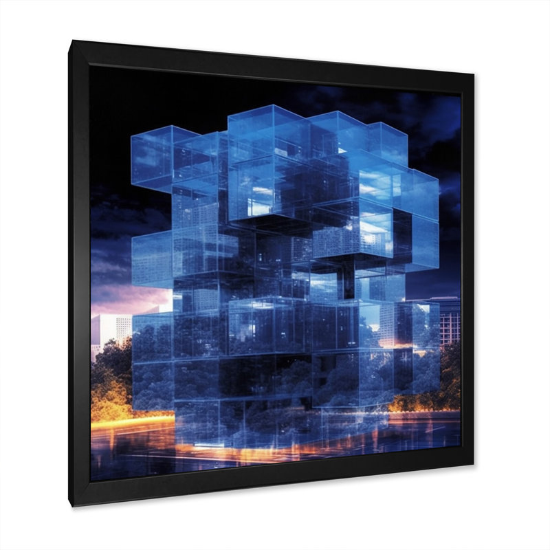 " 3D Cityscape Future Architecture Nova Blue I ", 24" H x 24" W x 1" D, Black Single Picture Framed