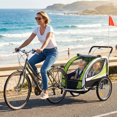 2-in-1 Foldable Child Bike Trailer & Stroller, Heavy-Duty Steel Frame, 2-Seat Bicycle Carrier with 5-Point Harness & Hand Brake, All-Weather Rain Cover & 360° Swivel Wheels, Green/Black