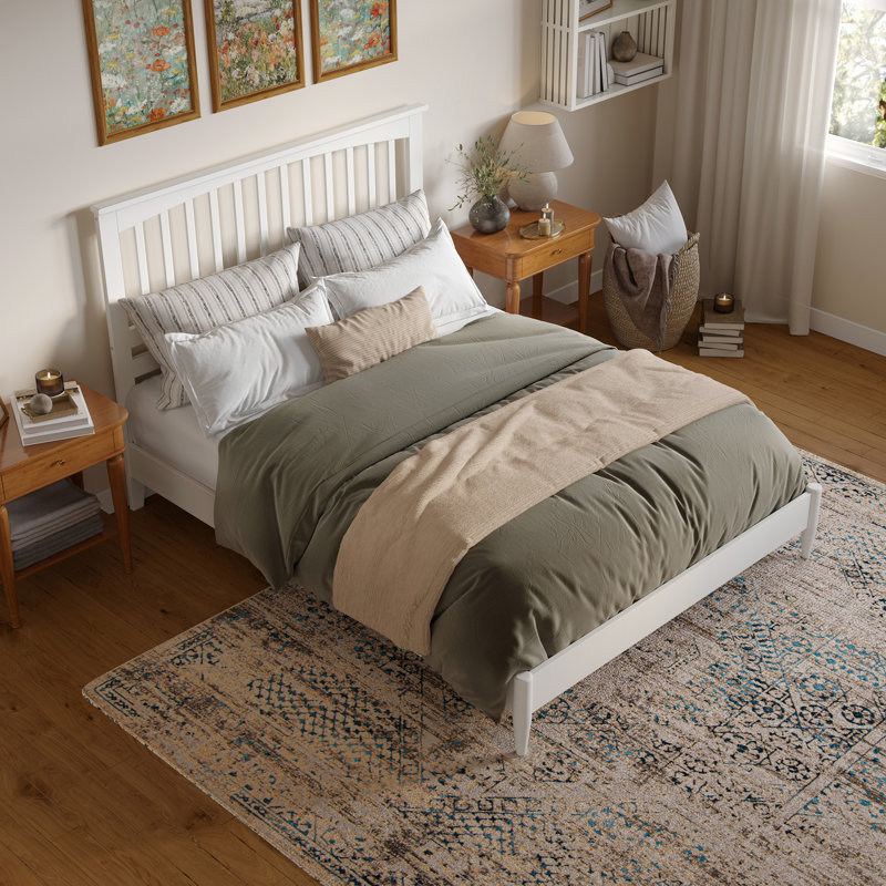 Aritra Solid Wood Low Profile Platform Bed, White, Queen