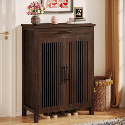 Black Farmhouse Shoe Cabinet With Louvered Doors, Holds 20 Pairs
