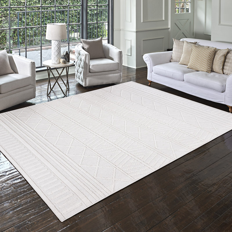 High-Low Loop Pile Indoor Area Rug, White Ivory Modern Geometric Polyester Rug for Living Room & Bedroom – Nylah Lana