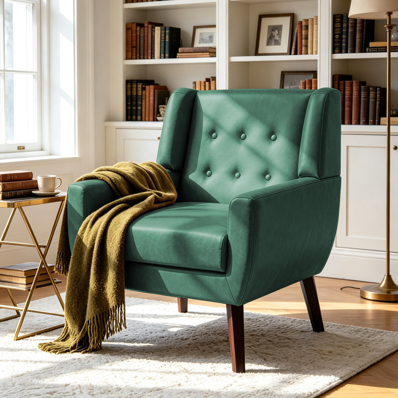 Jaqueze Upholstered Green Faux Leather Tufted Square Arm Accent chair, Green Faux Leather