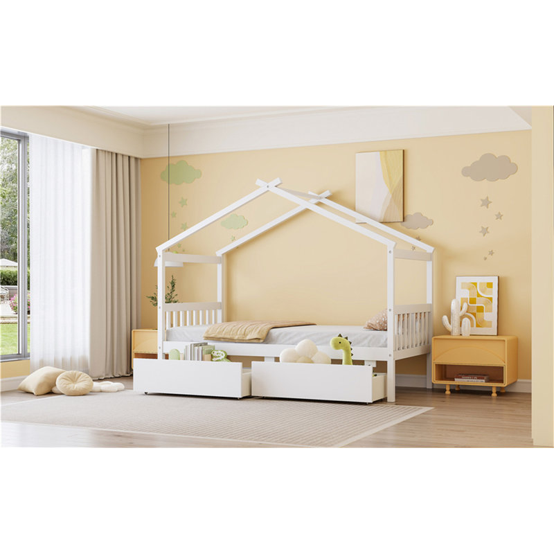 Lit simple en bois avec tiroirs, Blanc
