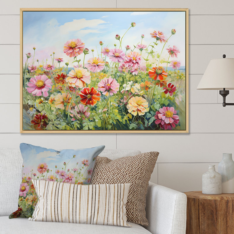 Zinnias Country Charm sur toile, Cadre naturel flottant, H 24 po x l 32 po x P 1 po