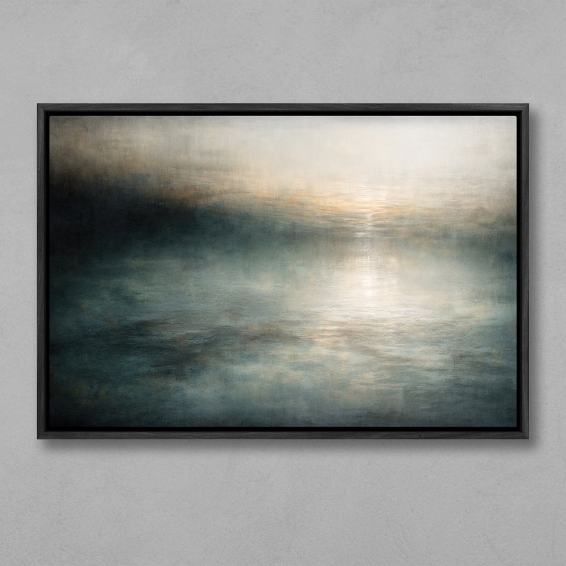 «Misty Blue Abstract Seascape Light Reflection Horizon», reproduction d'art encadrée, H 16 po x l 24 po, Noir