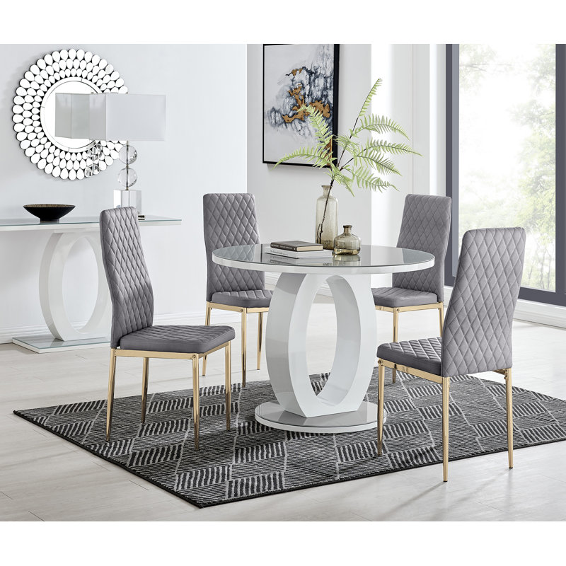 Scottsmoor Modern Halo 4 Seat Round Dining Table Set - Luxury Velvet Dining Chairs, Grey, Cream/Silver